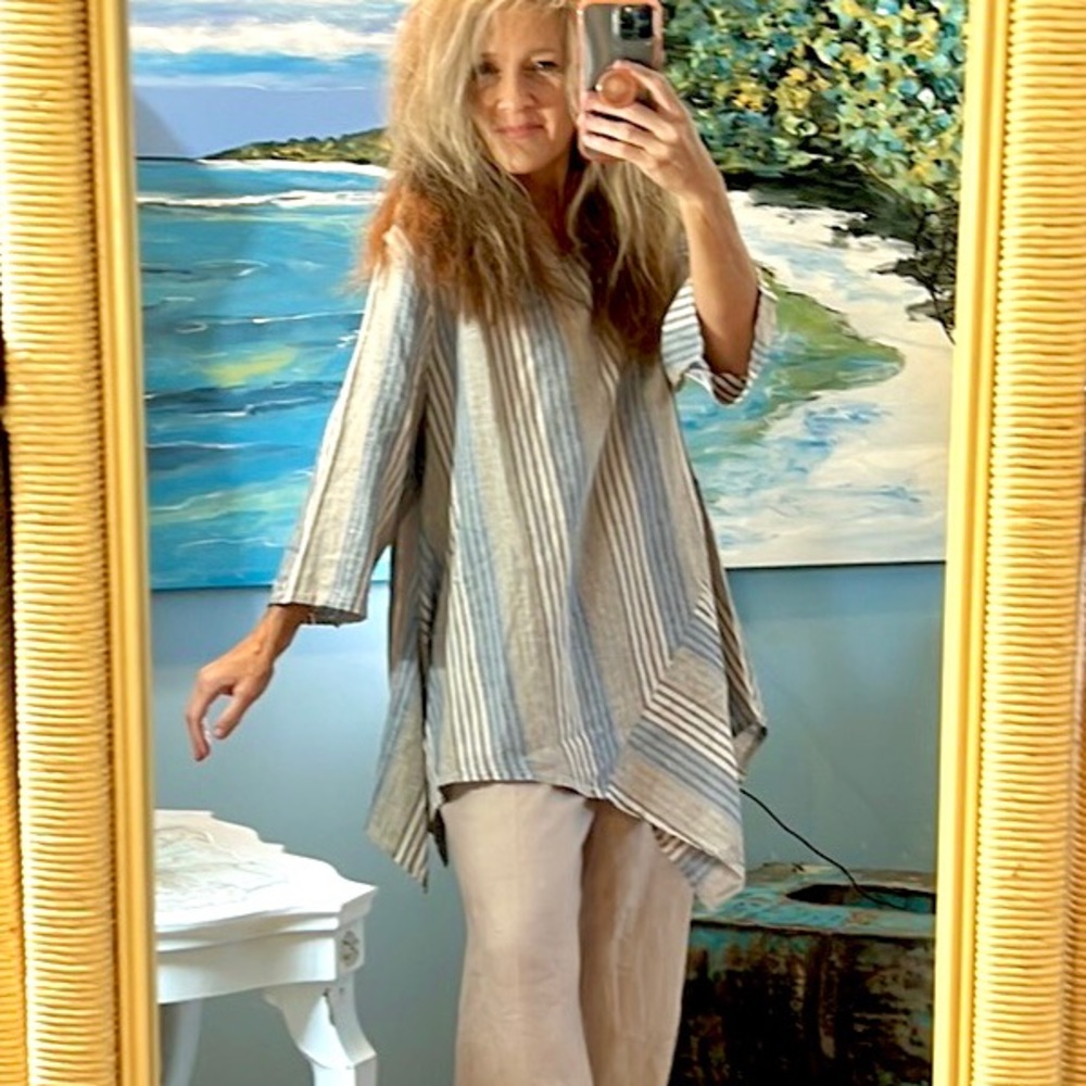 For Cynthia Striped Linen-Blend Tunic in Blue and Cream